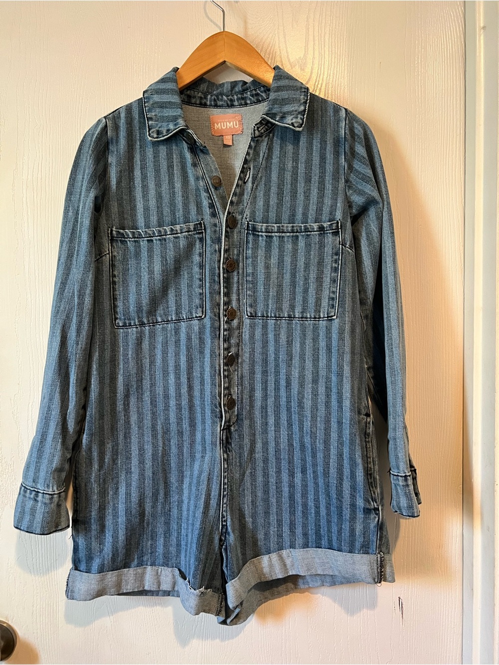 Show Me Your Mumu Striped Washed Blue Denim Long Sleeve Romper - Size XS